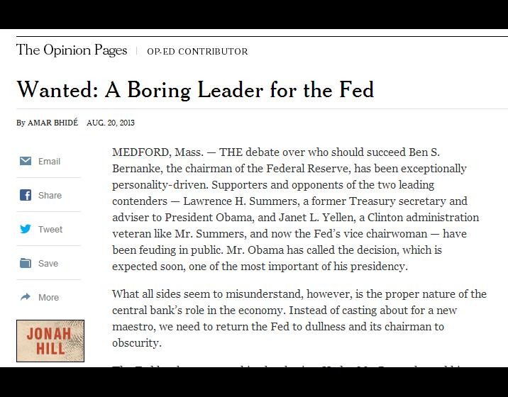 Amar Bhide's New York Times Op-ed, "Wanted: A Boring Leader for the Fed"